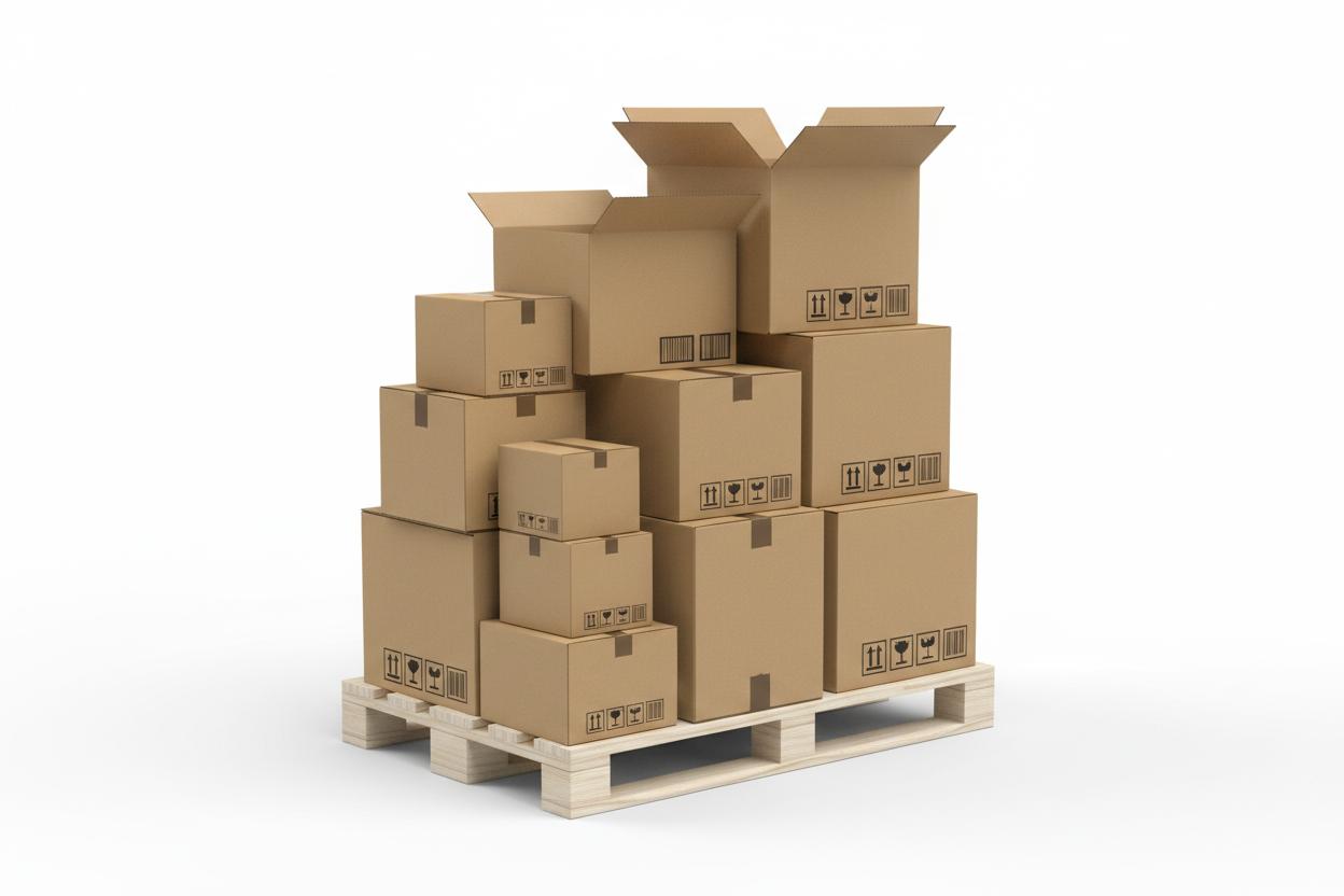 Stack of corrugated cardboard shipping boxes on a wooden pallet