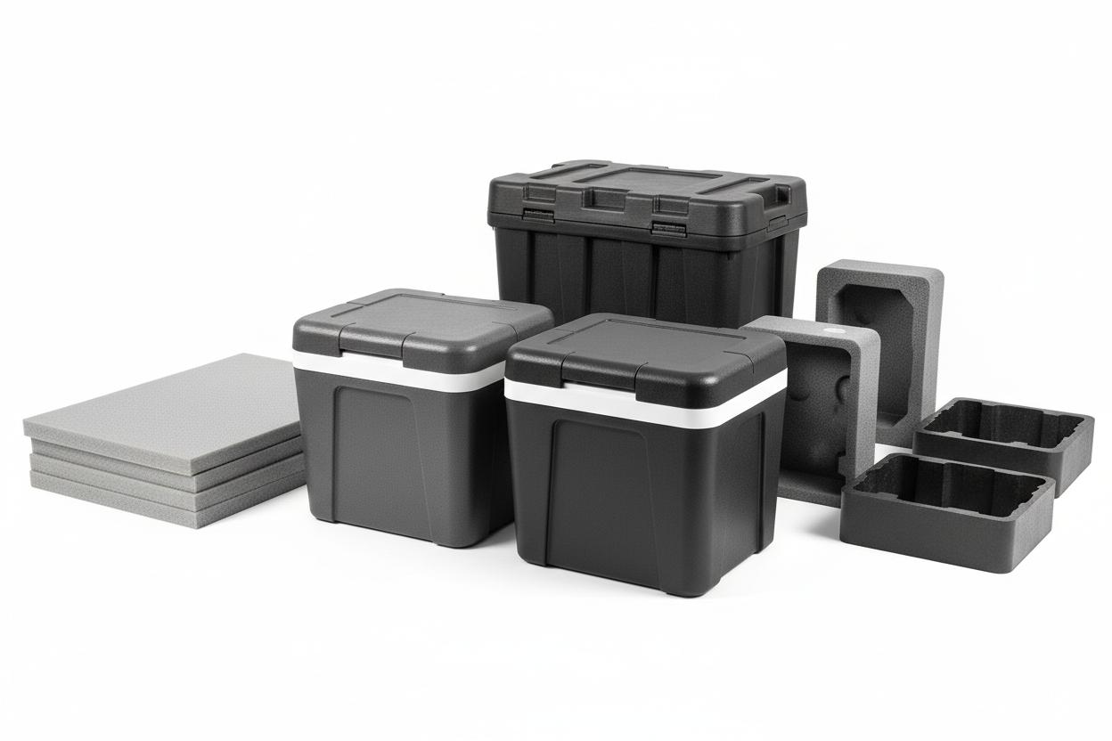 Black EPP foam coolers and custom-cut foam inserts on white background