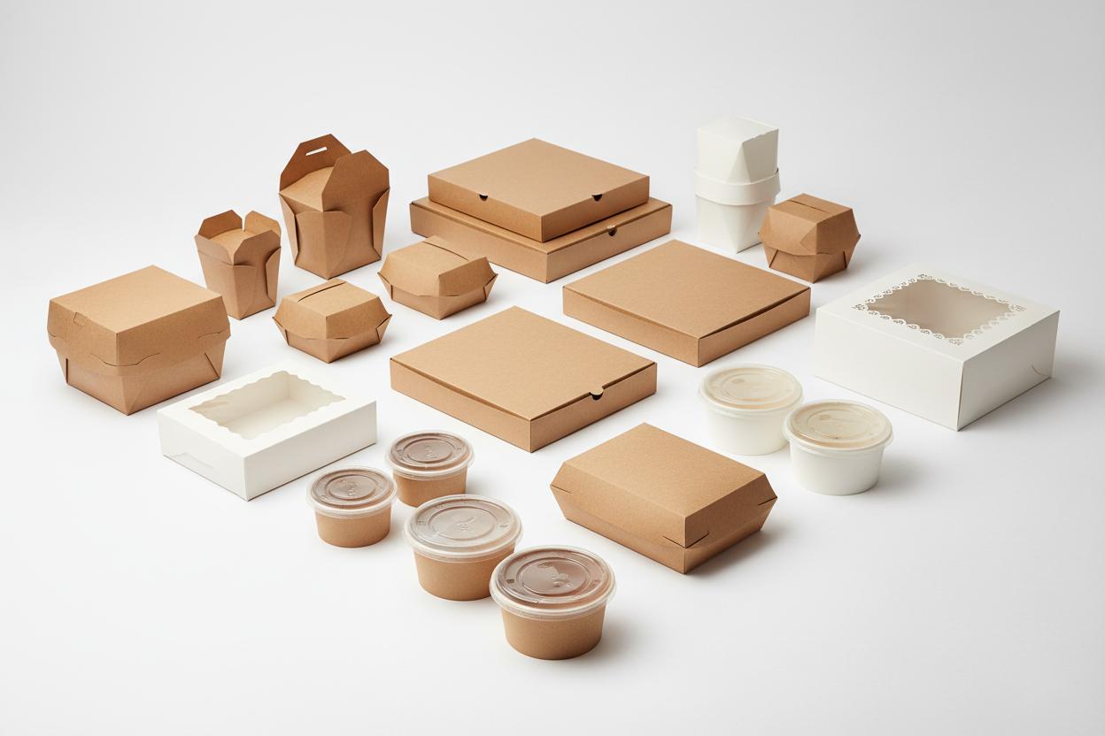 Variety of kraft and white food packaging including pizza boxes, burger boxes, and kraft containers