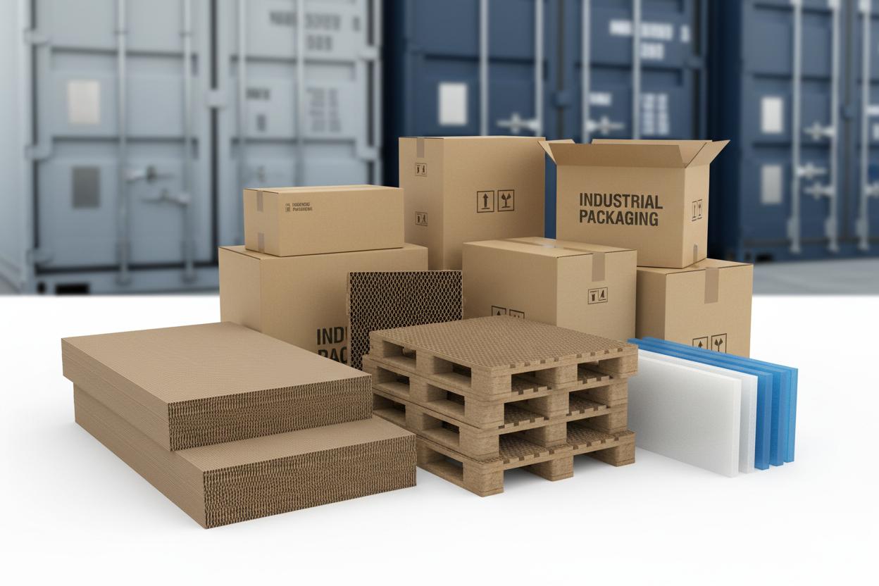 Industrial packaging with cardboard boxes, paper pallets, and corflute sheets in a shipping container yard