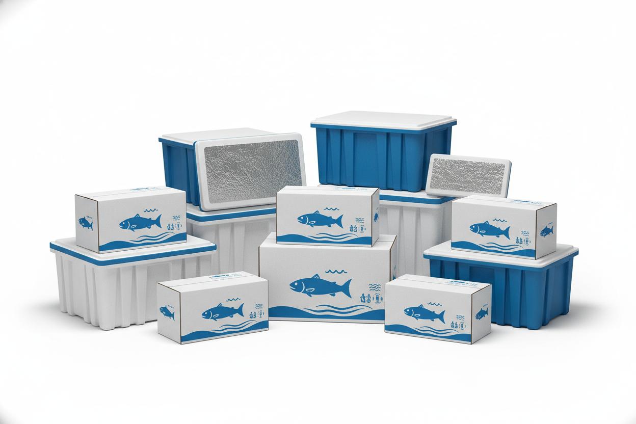 Insulated seafood packaging with blue fish graphics and white EPS coolers