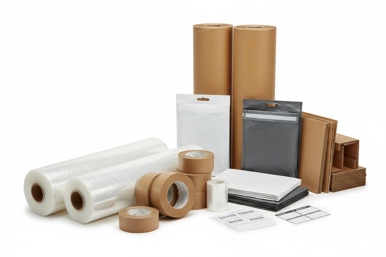 Warehouse supplies including stretch wrap rolls, kraft paper rolls, packing tape, and poly mailers