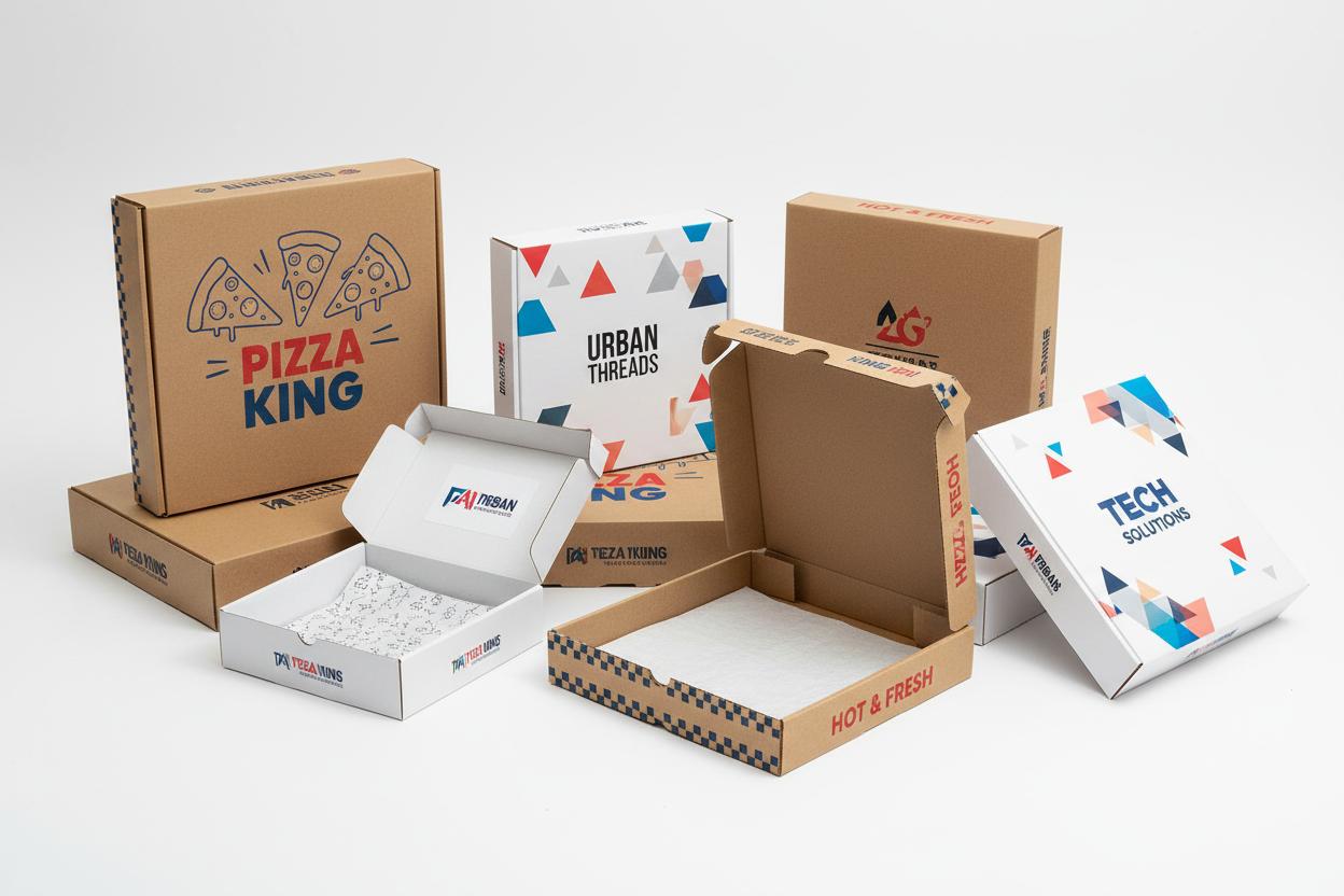 Custom-printed branded packaging for Pizza King, Urban Threads, and Tech Solutions